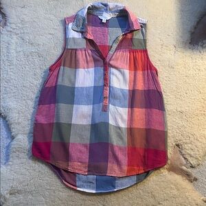 Madras linen blend sleeveless plaid top preppy small EUC